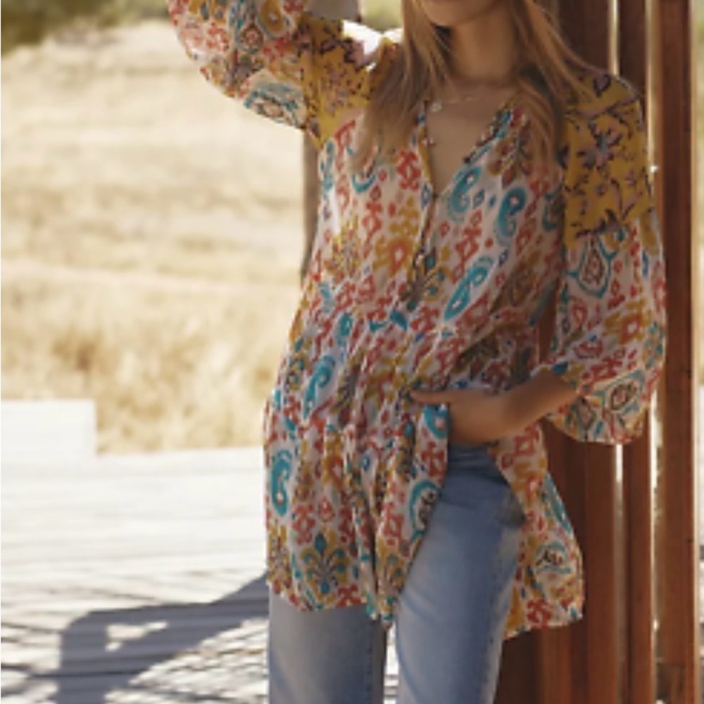 ANTHROPOLOGIE Maureen Babydoll Tiered Tunic Blouse Boho Colorful Size XS